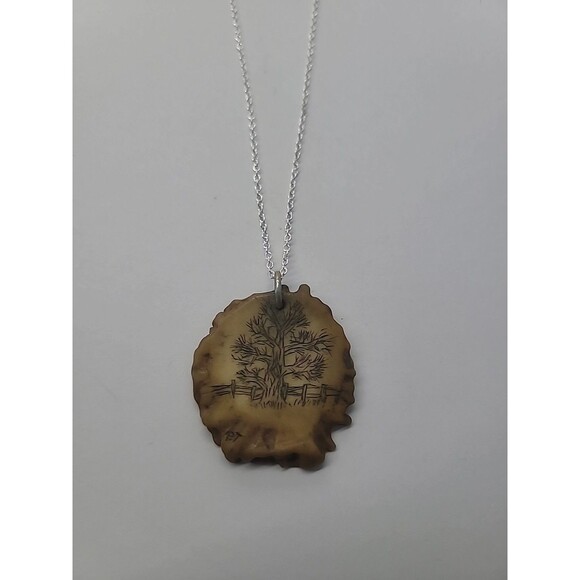 Vintage Tree Pendant Necklace Hand Etched Tree Design on Antler Look Pendant - Picture 7 of 10